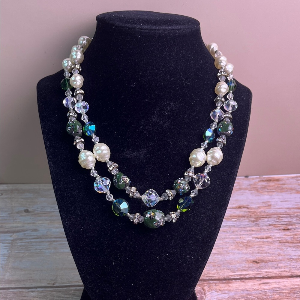 Double strand AB stones, Faux Pearls Necklace